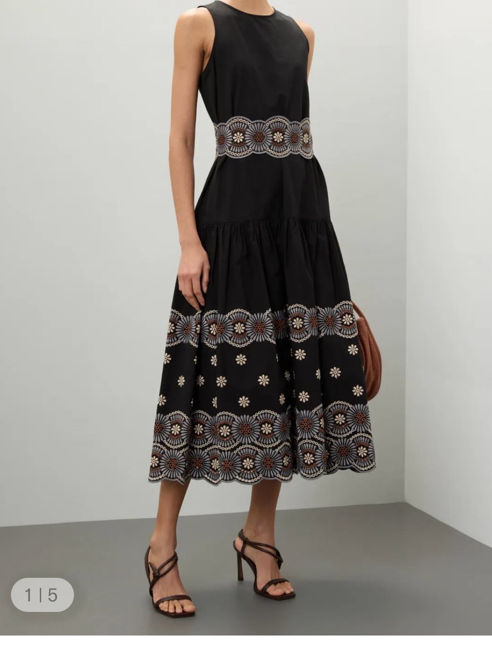 Vanessa Bruno Embroidered Black Midi Dress Size 36 MSRP $510